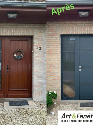 Porte d'entrée Monalu Latitude avec son imposte latérale en gris anthracite.